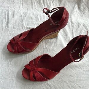 Women’s size 8 Red Leather Wedge Peep-Toe Sandals with ankle strap